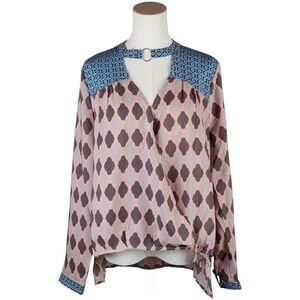 Design Recipe Geometric Choker Neck Blouse Pink Blue Print Size M